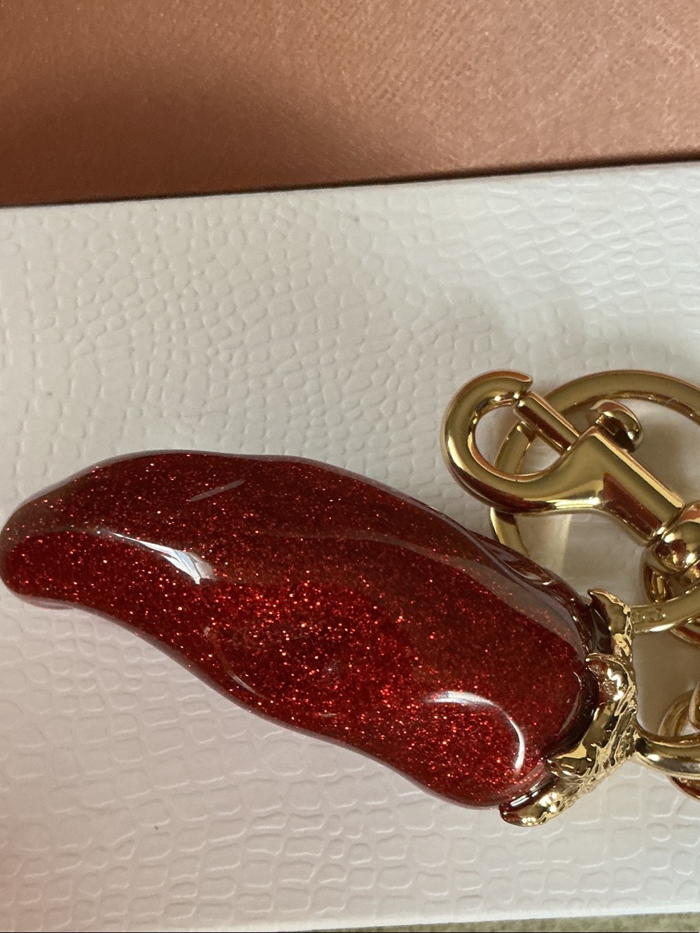 Coach Red Glitter Chili Pepper Keyring with Gold Hardware - Picture 3 of 3